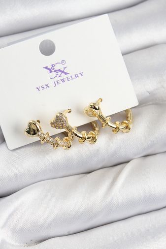 Pirinç Zİrkon Taşlı Kalp Model Gold Renk 3'lü Kadın Küpe
