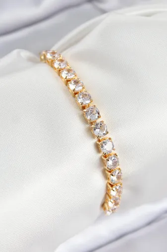 Pirinç Zirkon Taşlı Kare Model Gold Renk Asansörlü Kadın Bileklik TJ-BB7792