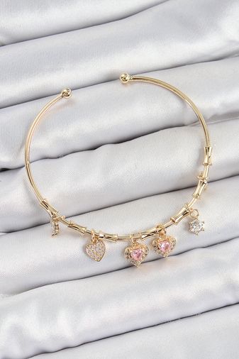 Pirinç Zirkon Taşlı Pembe Kalp Model Gold Renk Charm Bileklik
