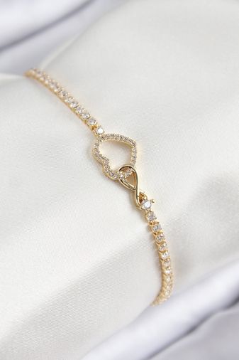 Pirinç Zirkon Taşlı Sonsuzluk Kalp Model Gold Renk Kadın Bileklik