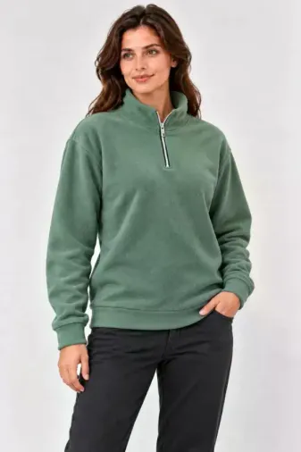 Polar Dik Yaka Yarım Fermuarlı Uzun Kollu Regular Fit Kışlık Sweatshirt - Mint Yeşili - 2XL - Mint Yeşili