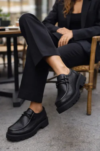 POTEEN C0007 Dia Kadın Siyah Günlük Kalın Taban Bağcıklı Loafer Ayakkabı