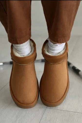 POTEEN Dora Kadın Taba Süet Görünümlü Kışlık Rahat Bot Düz Taban Günlük Kullanım-C304
