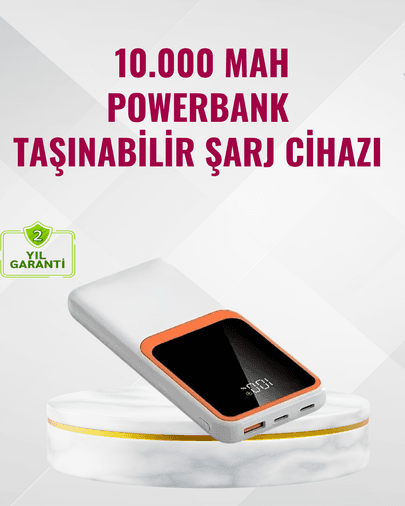 Powerbank 10000 mAh – Çift USB Çıkışlı, Type-C Girişli, Şık Beyaz Tasarım