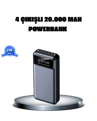Powerbank 20000 mAh 4 Çıkışlı Hızlı Şarjlı ve LED Göstergeli