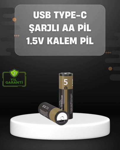 PRATİKOBA 96058465 Usb Type-C Girişli Şarjlı Aa Lityum Pil 1.5V Sabit Çıkış 3200Mwh 2'li Paket