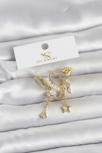 PRATİKOBA MEYEB69ccfe315f39299d4a016297-BLMY Mey İthalat Pirinç Gold Renk Zirkon Taşlı Gece Temalı 3'lü Kadın Küpe Çok Renkli