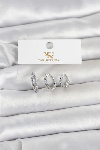 PRATİKOBA MEYEB69ccfe3c80c67b6966079917-BLMY Mey İthalat Pirinç Gümüş Renk Nazarlı Model 3'lü Kadın Küpe Çok Renkli
