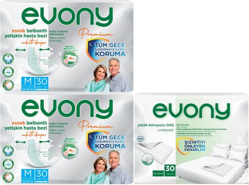 Premium Hasta Bezi Yetişkin Bel Bantlı Tekstil Yüzey Orta 60 Adet+ Yatak Koruyucu Örtü 30 Adet
