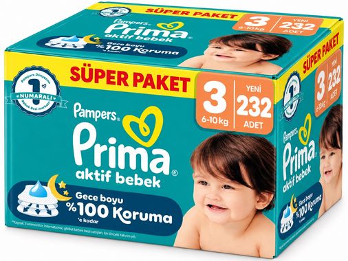 Prima Aktif Bebek Bebek Bezi 3 Beden 6-10 KG Midi 232 Adet Süper Aylık Pk