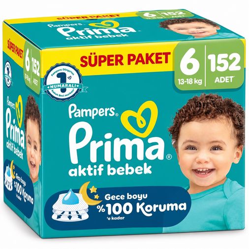 Prima Aktif Bebek Bebek Bezi 6 Beden 13-18 KG Extra Large 152 Adet Süper Aylık Pk