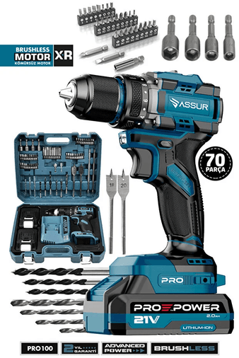 PRO100 Assur Pro 21V Çift Akü Çelik Mandren Kömürsüz Motor Darbeli Şarjlı Matkap Akülü Vidalama