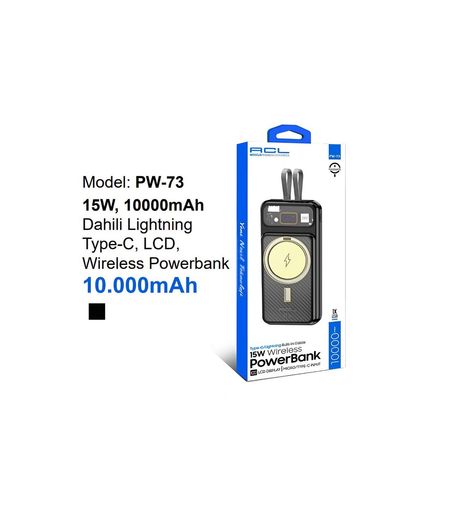 pw73powerbank Acl Pw-73 15W 10000Mah Dahili Lightning Type-C Lcd Wireless Powerbank