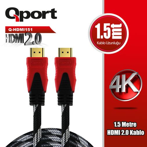 Qport Q-HDMI151 HDMI 2.0 Altın Uçlu Örgülü Kablo 1.5 m