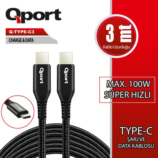 Qport Q-Type-C3 Type-C 100W PD Hızlı Şarj Kablosu 3 m