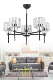 QUEEN SİYAH - KROM 5'Lİ  KRİSTAL BAŞLIKLI MODERN  AVİZE OTURMA ODASI SALON ANTRE