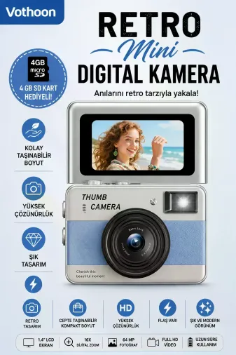 Retro Mini Dijital Kamera 1080P 1.47 İnç Flip Ekranlı Flaşlı Selfie Vlog Kamerası 4GB SD Hediyeli Mavi