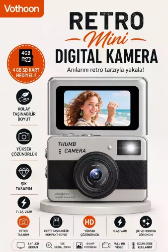 Retro Mini Dijital Kamera 1080P 1.47 İnç Flip Ekranlı Flaşlı Selfie Vlog Kamerası 4GB SD Hediyeli Siyah