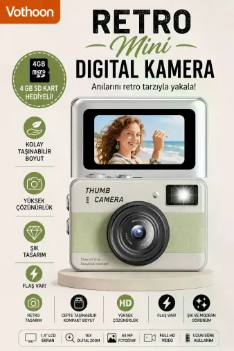 Retro Mini Dijital Kamera 1080P 1.47 İnç Flip Ekranlı Flaşlı Selfie Vlog Kamerası 4GB SD Hediyeli Yeşil