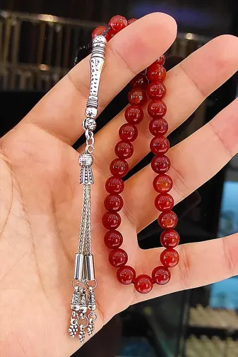 RİTON RitonTesbih Sertifikalı Koyu Kırmızı Doğal Taş Tesbih 8Mm Püsküllü