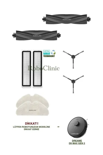 Roboclinic d9 max gen2 Dreame D9 Max Gen 2 Robot Süpürge Uyumlu Fırça, Hepa Filtre, Mop Seti-8 Parça