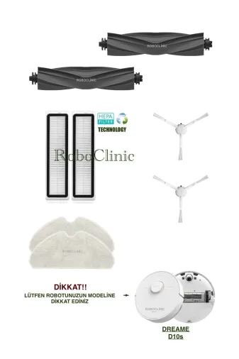 Roboclinic Dreame D10S Uyumlu Yedek Fırça, Hepa Filtre, Mop Seti-8 Parça