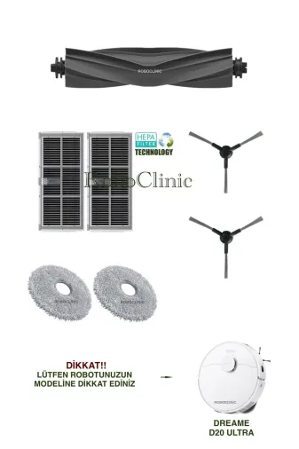Roboclinic Dreame D20 Ultra Robot Süpürge Uyumlu Yedek Fırça, Hepa Filtre, Mop Seti-7 Parça