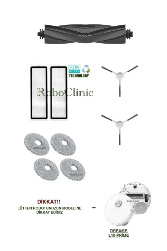 Roboclinic Dreame L10 Prime Robot Süpürge Uyumlu Yedek Fırça, Hepa Filtre, Mop Seti-9 Parça