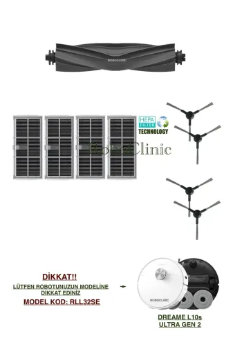 Roboclinic Dreame L10S Ultra Gen 2 Robot Süpürge Uyumlu (M.kod: Rll32Se) Yedek Fırça, Hepa Filtre Seti-9 Parça