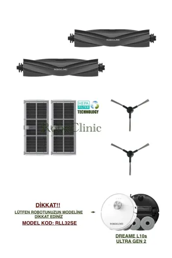 Roboclinic Dreame L10S Ultra Gen 2 Robot Süpürge Uyumlu (M.kod: Rll32Se) Yedek Fırça, Hepa Filtre Seti-6 Parça