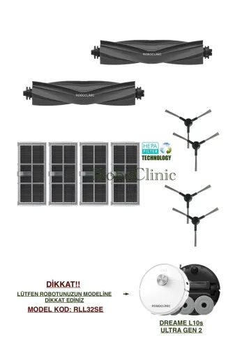 Roboclinic Dreame L10S Ultra Gen 2 Robot Süpürge Uyumlu (M.kod: Rll32Se) Yedek Fırça, Hepa Filtre Seti-10 Parça