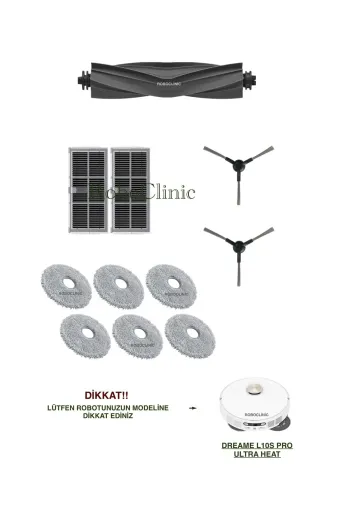 Roboclinic Dreame L10s Ultra Heat Dreame L10S Pro Ultra Heat Robot Süpürge Uyumlu Ana Fırça, Yan Fırça, Hepa Filtre, Mop Seti-11 Parça