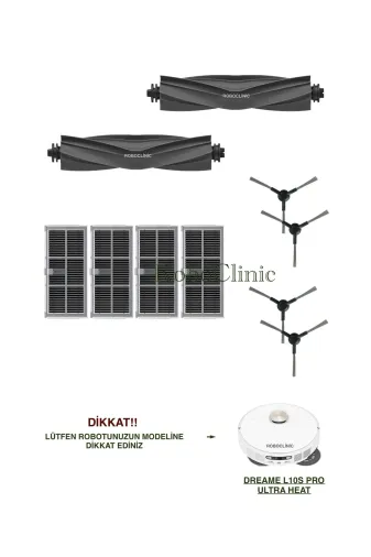 Roboclinic Dreame L10s Ultra Heat Dreame L10S Pro Ultra Heat Robot Süpürge Uyumlu Fırça, Yan Fırça, Hepa Filtre Seti-10 Parça