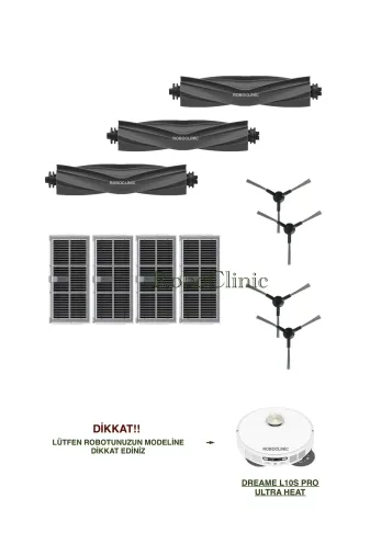 Roboclinic Dreame L10s Ultra Heat Dreame L10S Pro Ultra Heat Robot Süpürge Uyumlu Ana Fırça, Yan Fırça, Hepa Filtre Seti-11 Parça