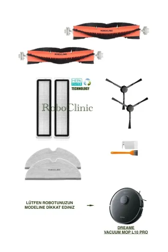 Roboclinic Dreame Vacuum Mop L10 Pro Siyah Robot Süpürge Uyumlu Fırça,hepa Filtre,mop Set-10 Parça