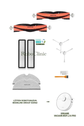 Roboclinic Dreamebeyaz Dreame Vacuum Mop L10 Pro Beyaz Robot Süpürge Uyumlu Fırça,hepa Filtre,mop Set-10 Parça
