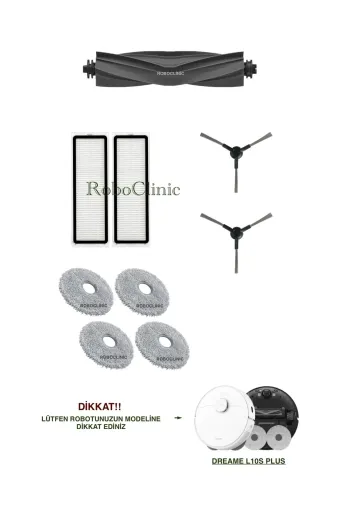 Roboclinic l10splus Dreame L10S Plus Robot Süpürge Uyumlu Yedek Fırça, Hepa Filtre, Mop Seti-9 Parça