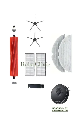 Roboclinic roborocks70075 Roborock S7 (Siyah) Robot Süpürge Uyumlu Yedek Fırça, Filtre, Mop Paspas Seti-8 Parça