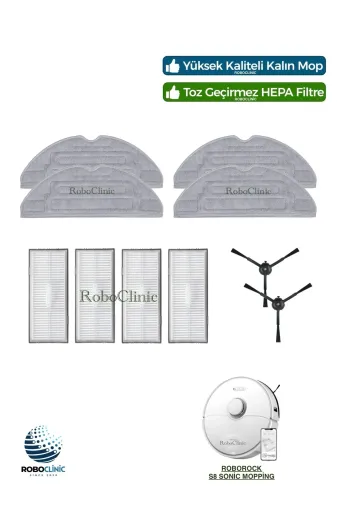 Roboclinic Roborocks8 Sonic Roborock S8 Sonic Mopping Robot Süpürge Uyumlu Yedek Hepa Filtre, Yan Fırça, Mop Seti-10 Parça