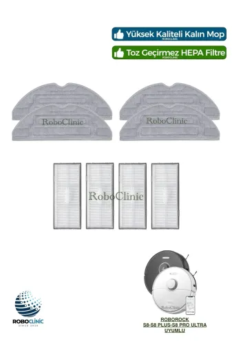 Roboclinic RoborockS8series Roborock S8 / S8 Plus / S8 Pro Ultra Robot Süpürge Uyumlu Yedek Hepa Filtre, Mop-8 Parça
