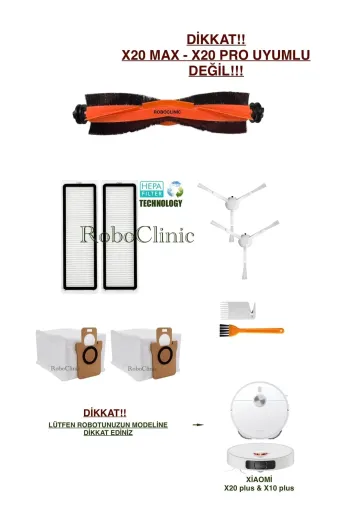 Roboclinic x10plus Xiaomi Robot Vacuum X10 Plus X20 Plus Uyumlu Yedek Toz Torba, Fırça, Hepa Filtre Seti-9 Parça