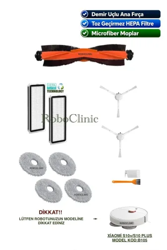 Roboclinic xiaomi00309 Xiaomi Robot Vacuum S10+/s10 Plus Robot Süpürge Uyumlu Yedek Fırça, Filtre, Mop Seti-11 Parça