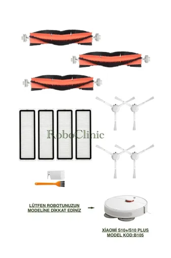 Roboclinic xiaomis10plus00134 Xiaomi Robot Vacuum S10 Plus Uyumlu Ana Fırça,yan Fırça,hepa Filtre Seti-13 Parça