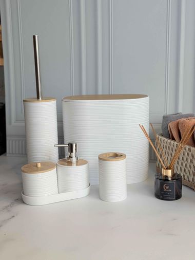 ROSSEV ban65404102 Akrilik 5 Parça Bambu Kapak Beyaz Banyo Seti