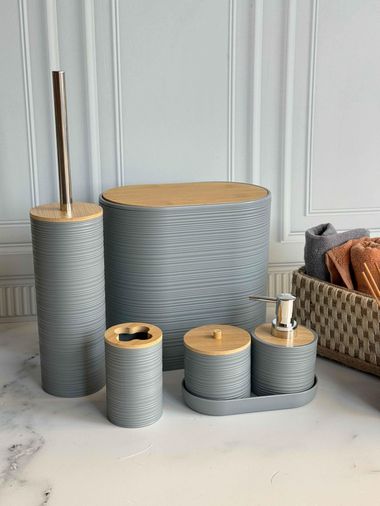 ROSSEV ban6546068 Akrilik 5 Parça Bambu Kapak Gri Banyo Seti