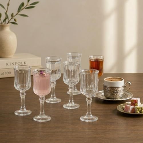 Royal Standart 57855210131437580184975 6&apos Lı Çizgili Fitilli Ayaklı Cam Kadeh Seti - 70 Ml Türk Kahvesi Yanı Su, Şerbet Ve Likör Bardağı, Lüks Sunum Kadehi Açık Ahşap