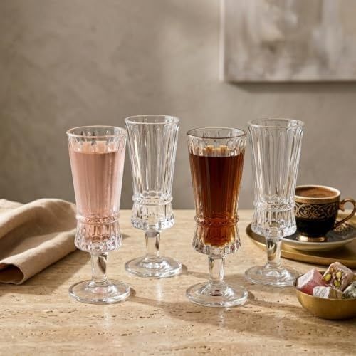 Royal Standart 57855210131438680184975 4&apos Lü Boğumlu Ve Çizgili Ayaklı Cam Kadeh Seti - 120 Ml Türk Kahvesi Yanı Su, Şerbet Ve Likör Bardağı, Lüks Sunum Kadehi Açık Ahşap