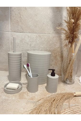Royaleks RT-RYL-HMR10779 Banyo Seti 5'li Krem Çöp Kovası Wc Fırçalık Sıvı Sabunluk Katı Sabunluk