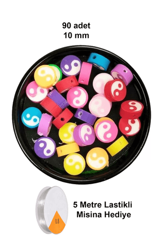 RT-RYL-B-0028-90 90 Adet 10 Mm Polimer Kil Fimo Boncuk Takı Bileklik + 5 Metre Lastikli Misina Hediye - Renkli Yin Yang
