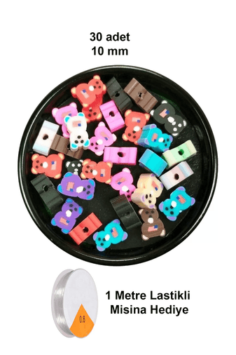 RT-RYL-B-0031-90 90 Adet 10 Mm Polimer Kil Fimo Boncuk Takı Bileklik + 5 Metre Lastikli Misina Hediye - Renkli Ayıcık